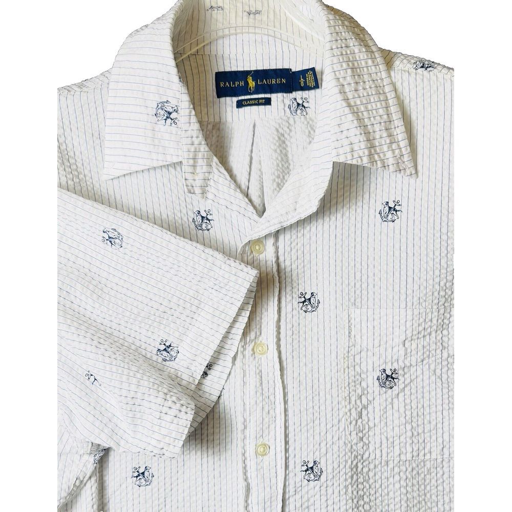 Polo Ralph Lauren Seersucker Shirt Men Large Crinkle Cotton Dog Anchor Pinstripe